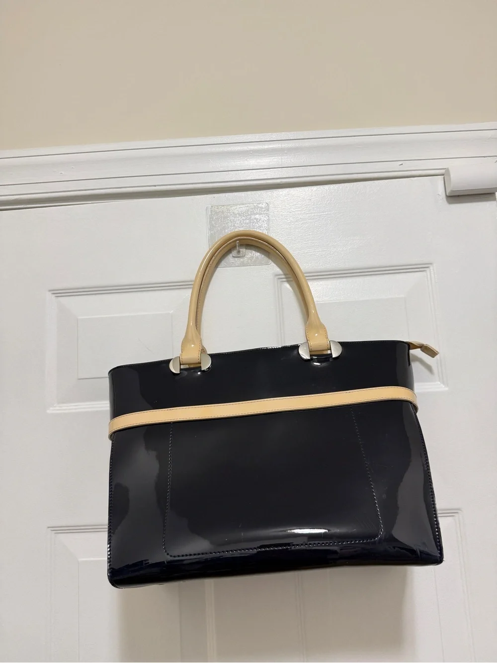 L.K Baanet Italian Patent Navy and Cream Tote Handbag